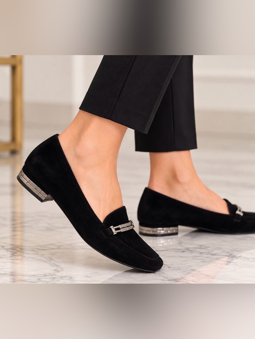 Stuart Weitzman Black Suede Loafers with Silver Bar
